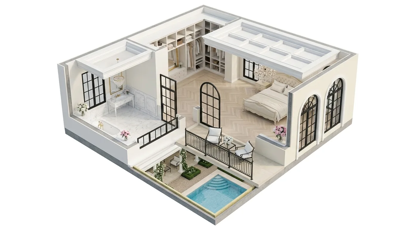Concept A, Bright White Classical, 3D upper floor cutaway