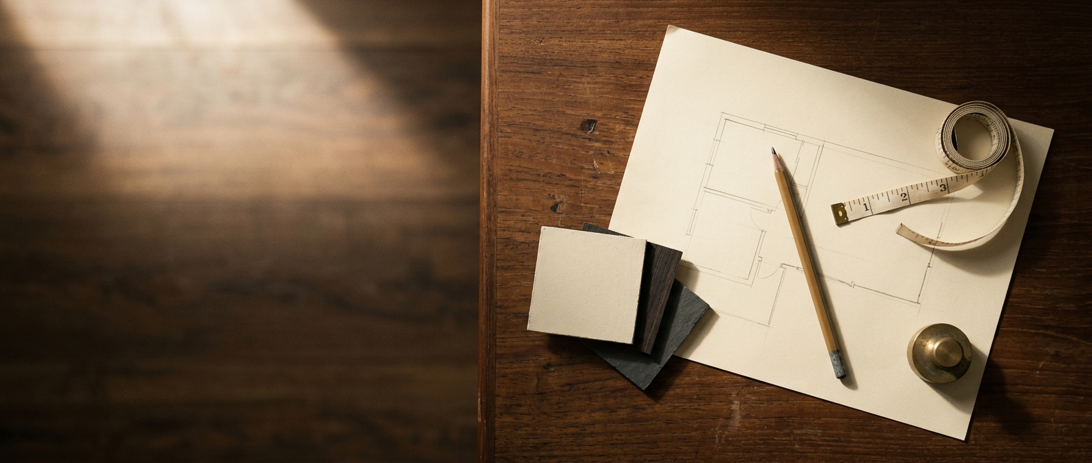 Drafting flatlay on a teak desk: cream paper with floorplan sketch, graphite pencil, cloth tape measure, material swatches, brass weight, in warm window light