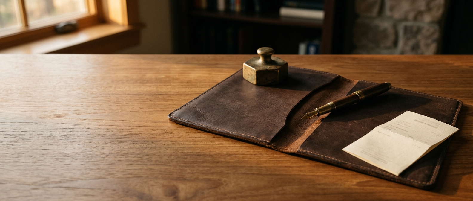 Open leather portfolio with fountain pen and folded receipt on teak desk — payment in progress
