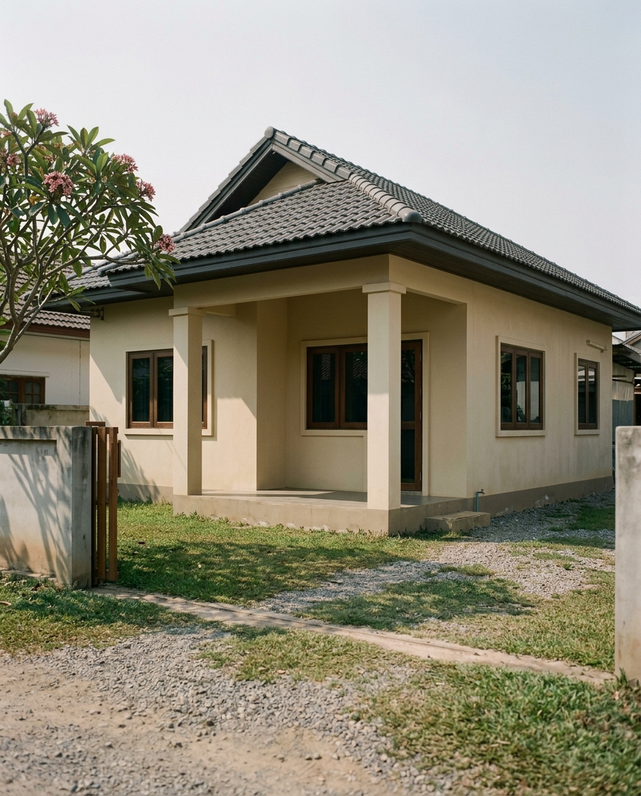 ທີ່ຢູ່ອາໄສຊັ້ນດຽວແບບຖ່ອມຕົວ ປະດັບປູນຂາວໃນວຽງຈັນ, ແສງເຊົ້າກາງ — ການອ້າງອີງການຕົກແຕ່ງມາດຕະຖານ